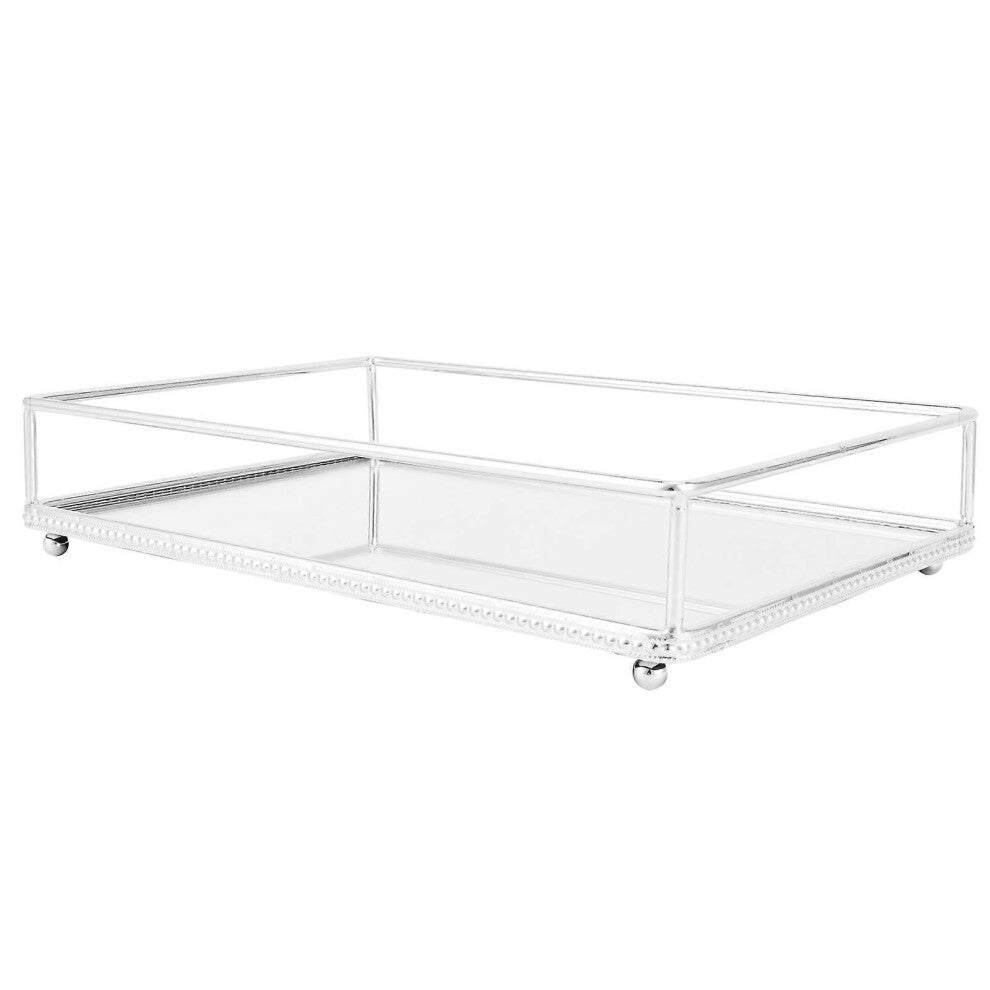 (As show, One size) Silver Jewelry Cosmetic Storage Display Tray Organizer Mirror Base Bedroom Desktop Decoration