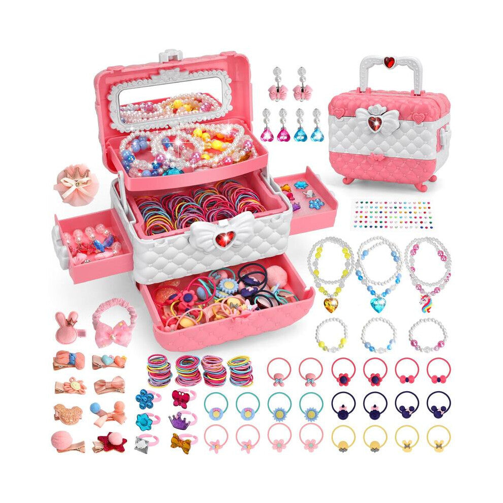 (Pink, 1set) Kids Jewelry Collection Set, Cute Jewelry Box for Girls, Pretend Play Jewelry Set, Birthday Gift