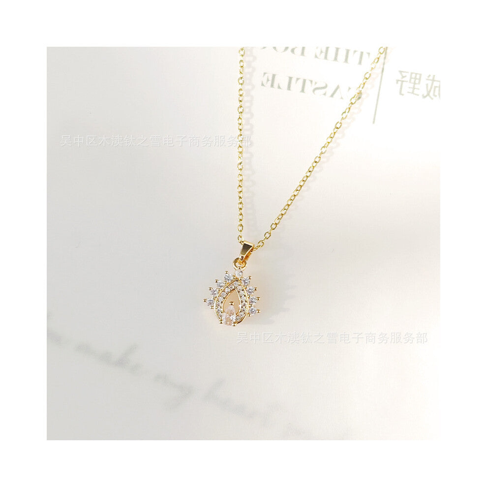 (White crystal water droplet) Asymmetrical pink bow necklace for women with a gentle French style, pink diamond collarbone chain, white diamond water