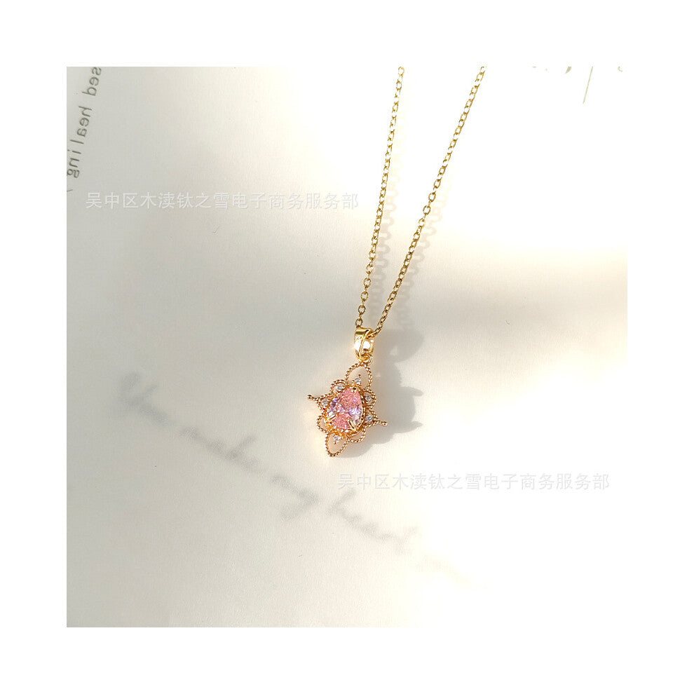 (Pink flower) Asymmetrical pink bow necklace for women with a gentle French style, pink diamond collarbone chain, white diamond water drop pendant