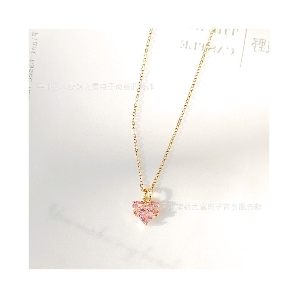 (powder heart) Asymmetrical pink bow necklace for women with a gentle French style, pink diamond collarbone chain, white diamond water drop pendant