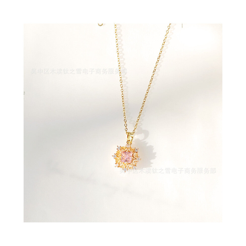 (Powder snowflake) Asymmetrical pink bow necklace for women with a gentle French style, pink diamond collarbone chain, white diamond water drop pendan