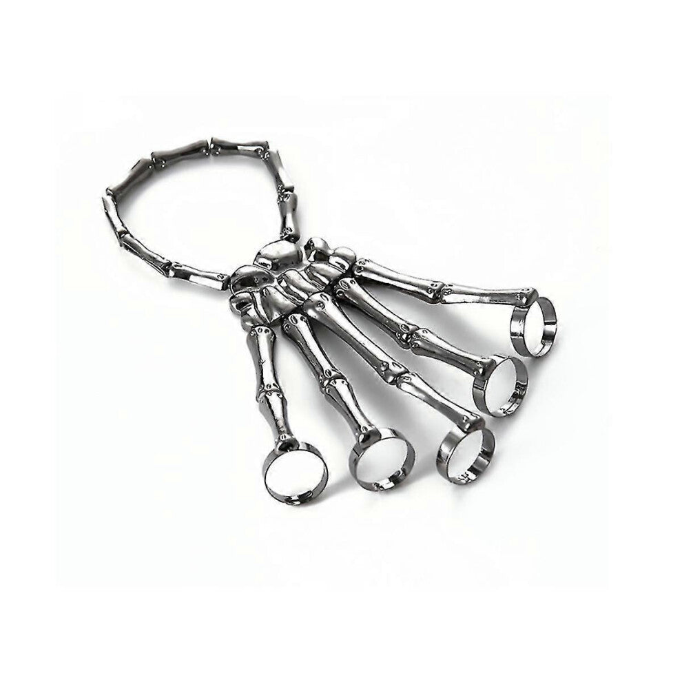 (As show, One size) Fashion Personality Punk Skeleton Hand Bone Versatile -Finger Ring Bracelet Adjustable All-In-One C