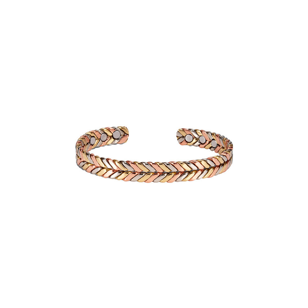 ( tricolor) Women's Tri-Color Magnetic Copper Bracelet - Wheat-Silver-Copper Adjustable Energy Bangle