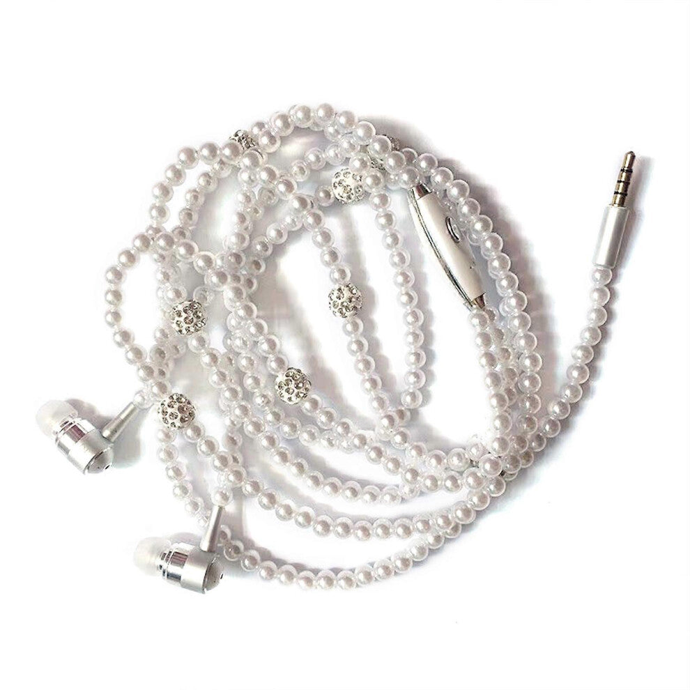 (White, One size) Jewelry Pearl Necklace Stereo Earphones with Microphone 3.5mm In-ear Headphone Wired Headset Earbuds for Phone Girls