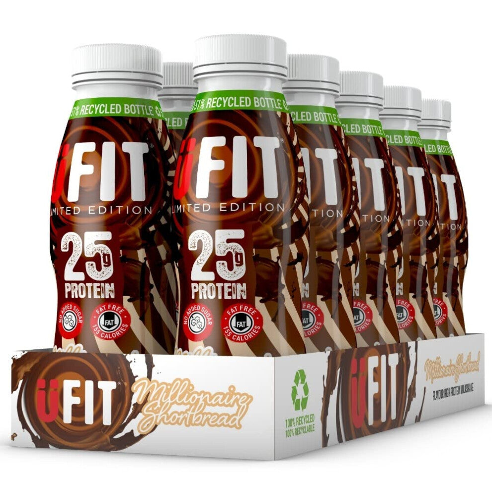 UFIT High 25g Protein Shake - Millionaire Shortbread Flavour- Fat Free - No Added Sugar - Ready to Drink - 10 x 330ml (Packaging May Vary)