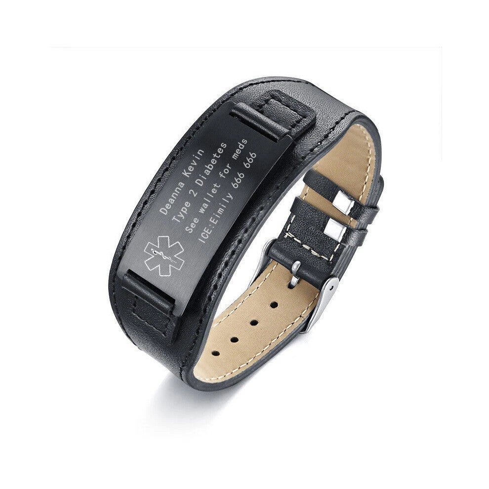 (ASTHMA) Black Plate Genuine Leather Medical Alert ID Men Bracelet Bangle DIY Engraving Hot