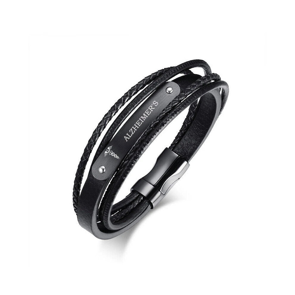 (ALZHEIMER'S) Leather Medical Alert ID Men Bracelet Wristband Multi Layer Male Jewelry