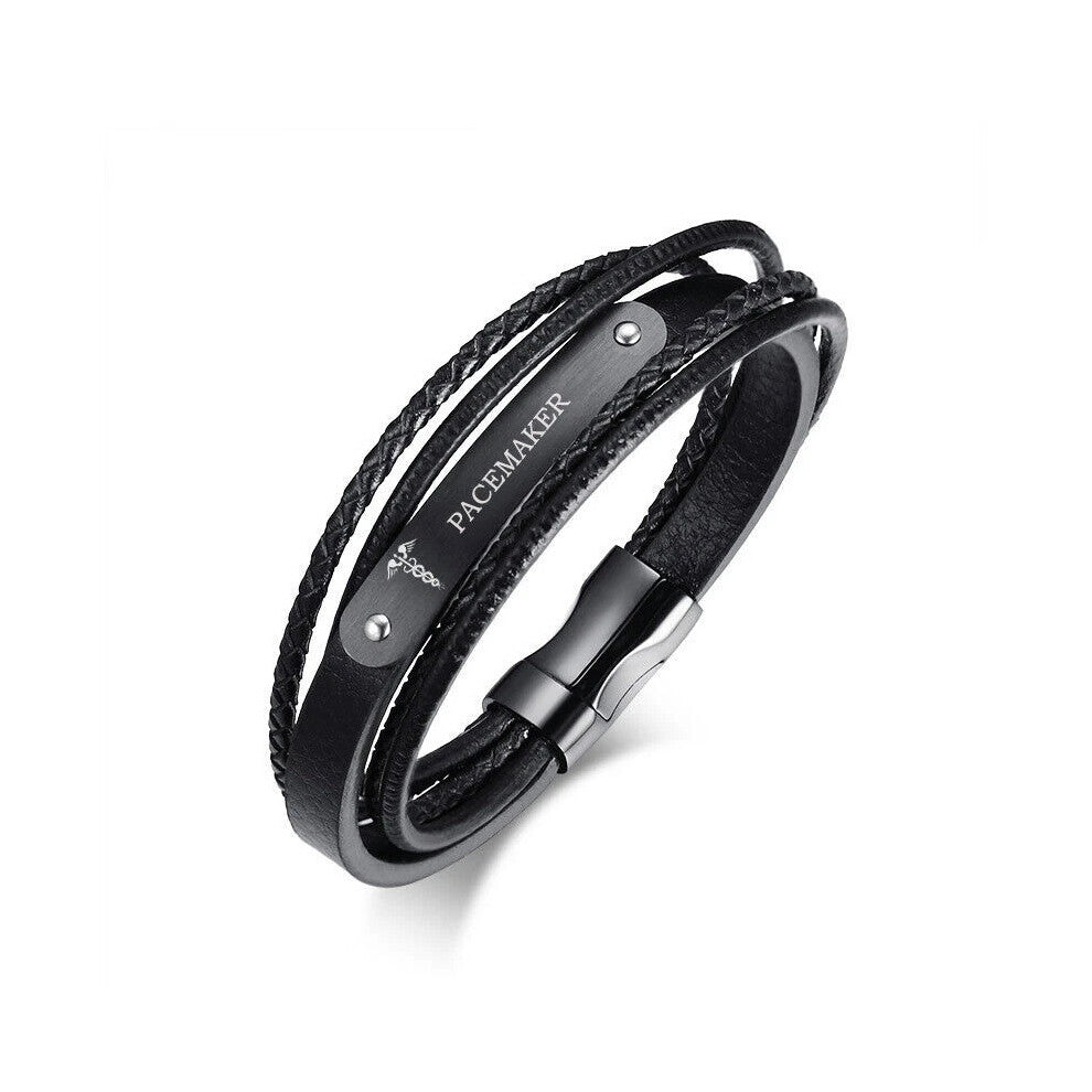 (PACEMAKER) Leather Medical Alert ID Men Bracelet Wristband Multi Layer Male Jewelry New
