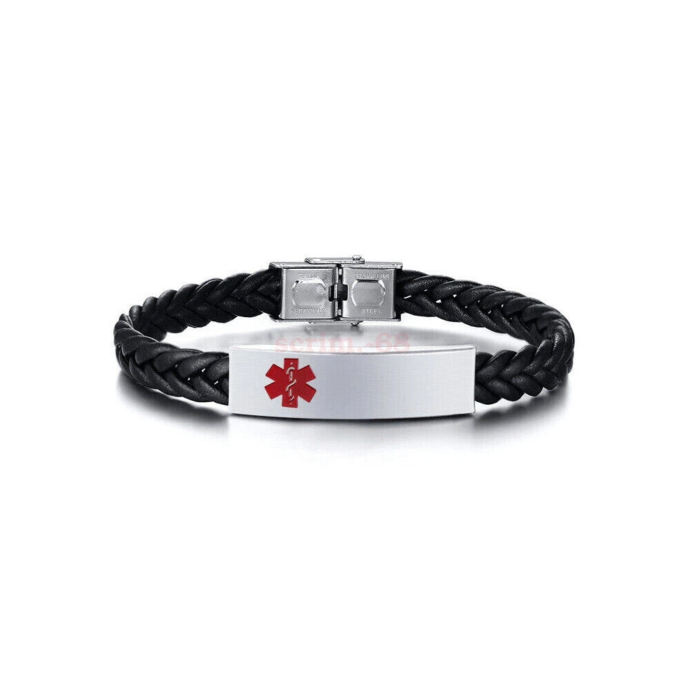 (HYPOGLYCEMIA) Laser Engraved Medical Alert ID Men Women Bracelet Black PU Leather Wristband