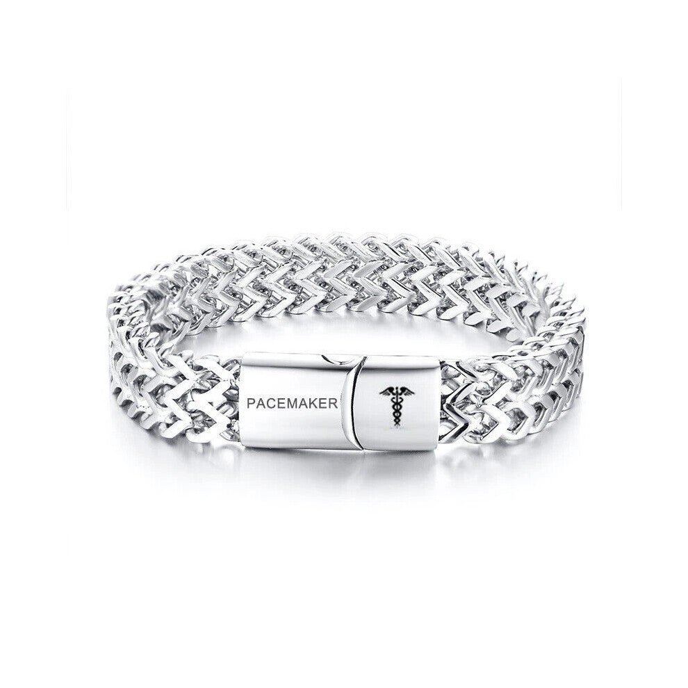 (PACEMAKER) Medical Alert ID Double Layers Men Bracelet Chain Personalized Engraving