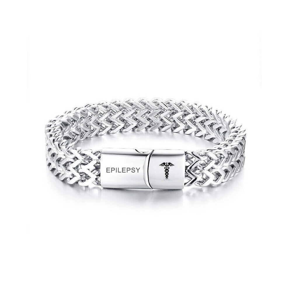 (EPILEPSY) Medical Alert ID Double Layers Men Bracelet Chain Personalized Engraving New