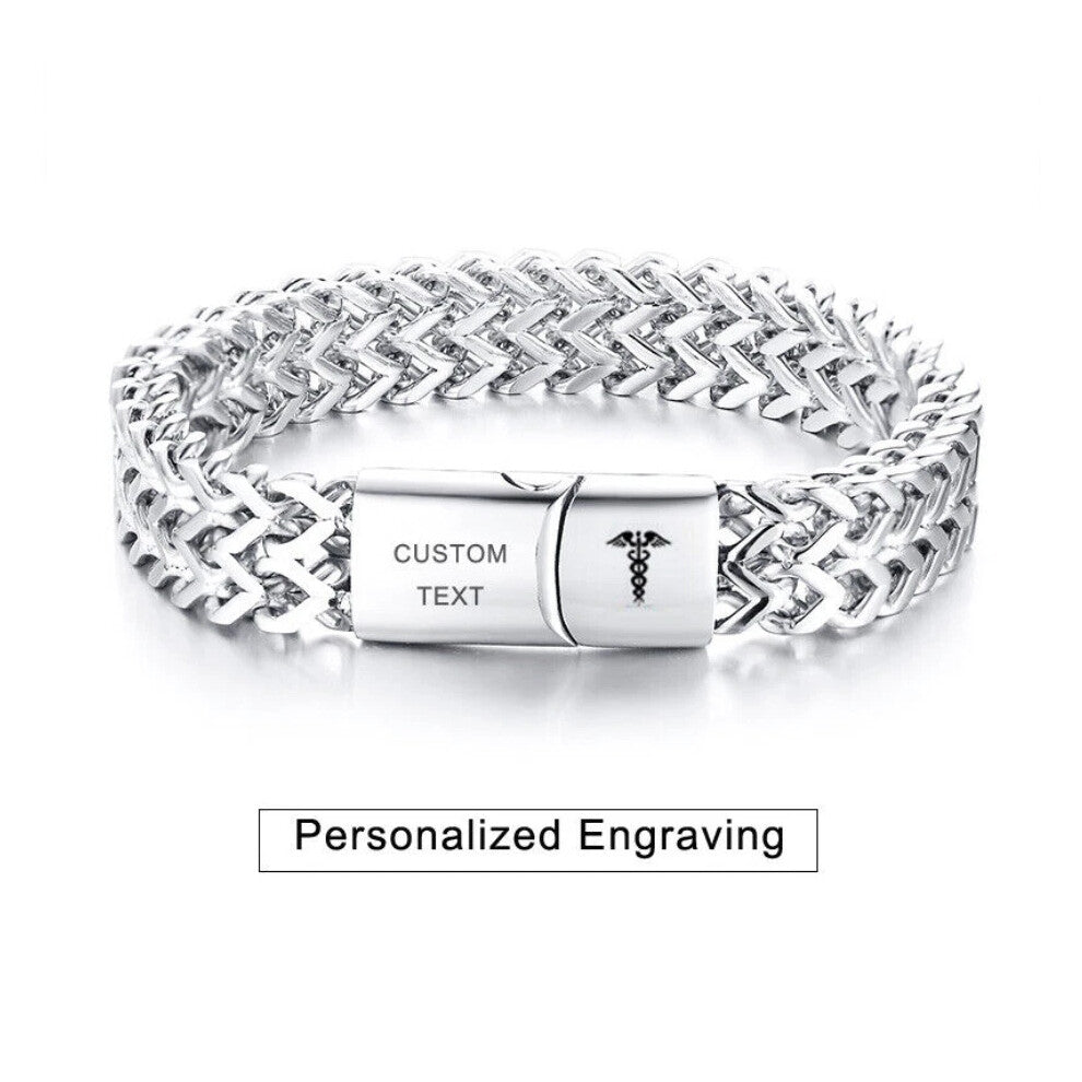 (HYPOGLYCEMIA) Medical Alert ID Double Layers Men Bracelet Chain Personalized Engraving New