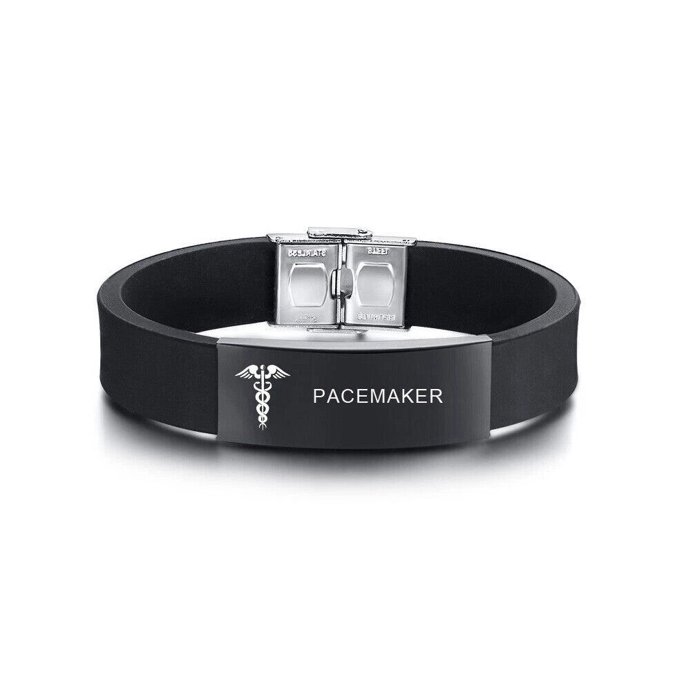 (PACEMAKER) Black Medical Alert ID Men's Bracelet Silicone Wristband Personalized Engraving Hot