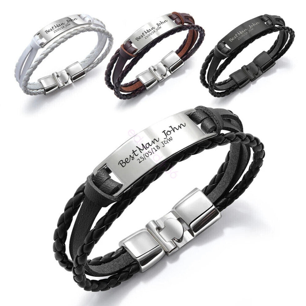 (3-Best Man, Brown and Silver) Personalised Mens Bracelet Engraved ID for Him Birthday Fathers Day Gift Hot