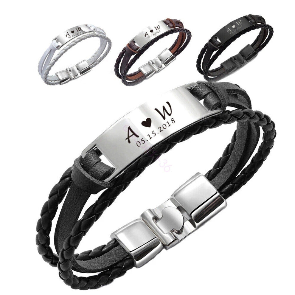 (4-Monogram, Black and Black) Personalised Mens Bracelet Engraved ID for Him Birthday Fathers Day Gift Hot