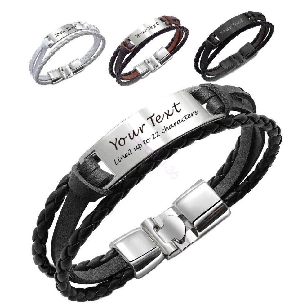 (1-Your Text, Black and Black) Personalised Mens Bracelet Engraved ID for Him Birthday Fathers Day Gift New