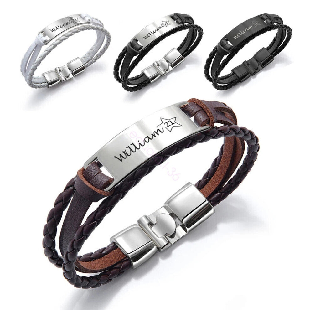 (2-Name & Age, Brown and Silver) Personalised Mens Bracelet Engraved ID for Him Birthday Fathers Day Gift New