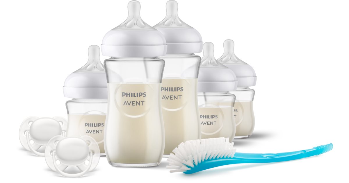 Philips Avent Natural Response Glass Gavesett for babyer 0 måneder+ 3x120 ml flasker + 1 måned+ 2x240 ml flasker + Ultrasoft 0-6 måneder 2-delt smokk