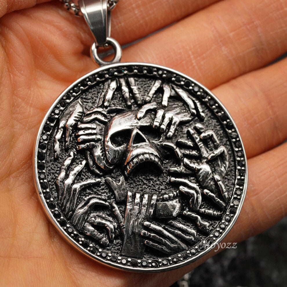 Mens Gothic Biker Skull Pendant Necklace Men Stainless Steel Chain Silver Gift