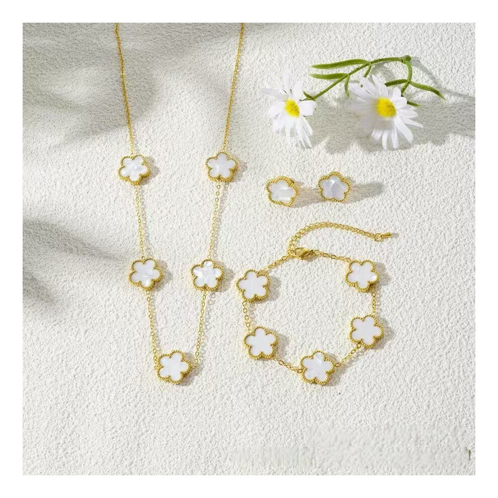 (white) Five-leaf clover necklace, bracelet and stud 3-piece set, fashionable, lucky and versatile
