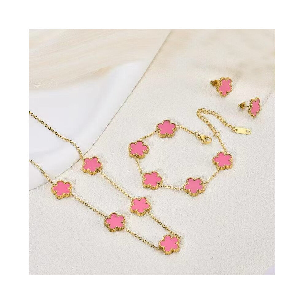 (Pink) Five-leaf clover necklace, bracelet and stud 3-piece set, fashionable, lucky and versatile