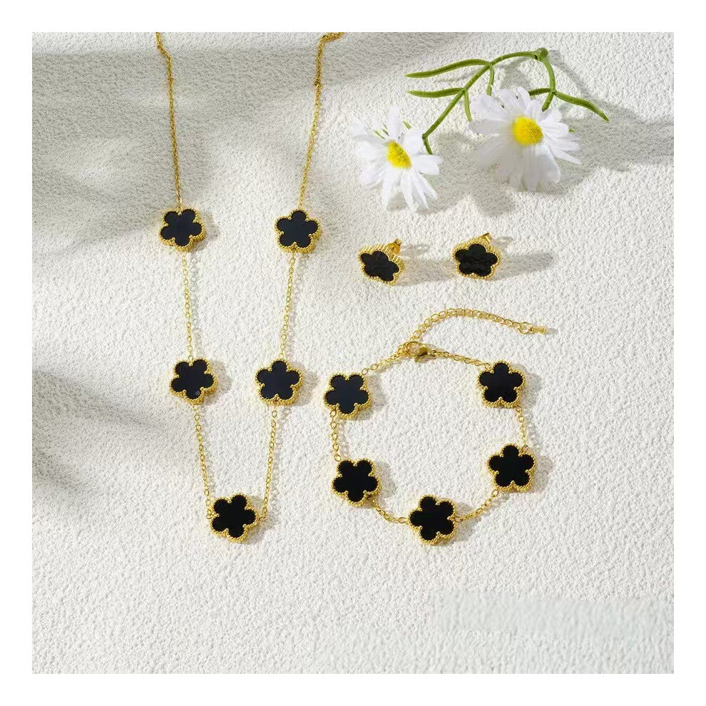 (black) Five-leaf clover necklace, bracelet and stud 3-piece set, fashionable, lucky and versatile