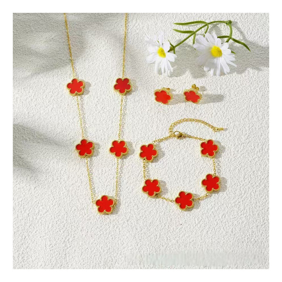 (red) Five-leaf clover necklace, bracelet and stud 3-piece set, fashionable, lucky and versatile