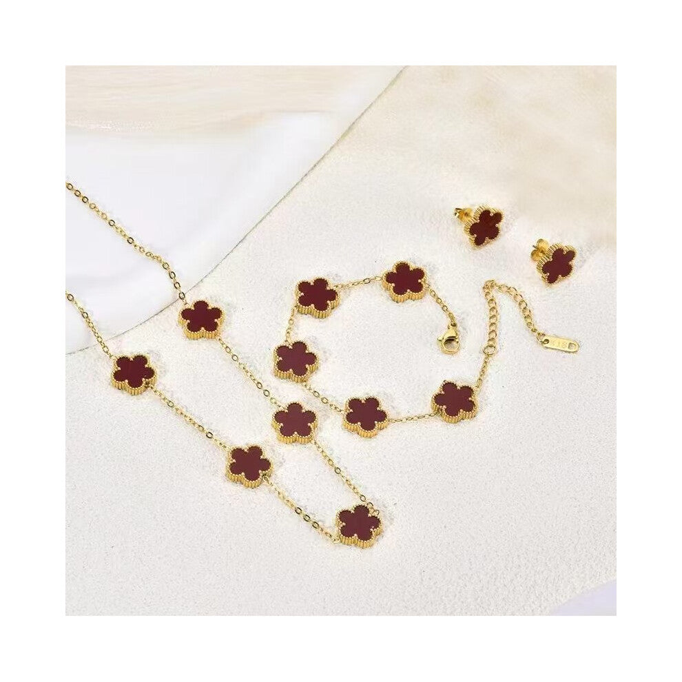 (Wine red) Five-leaf clover necklace, bracelet and stud 3-piece set, fashionable, lucky and versatile