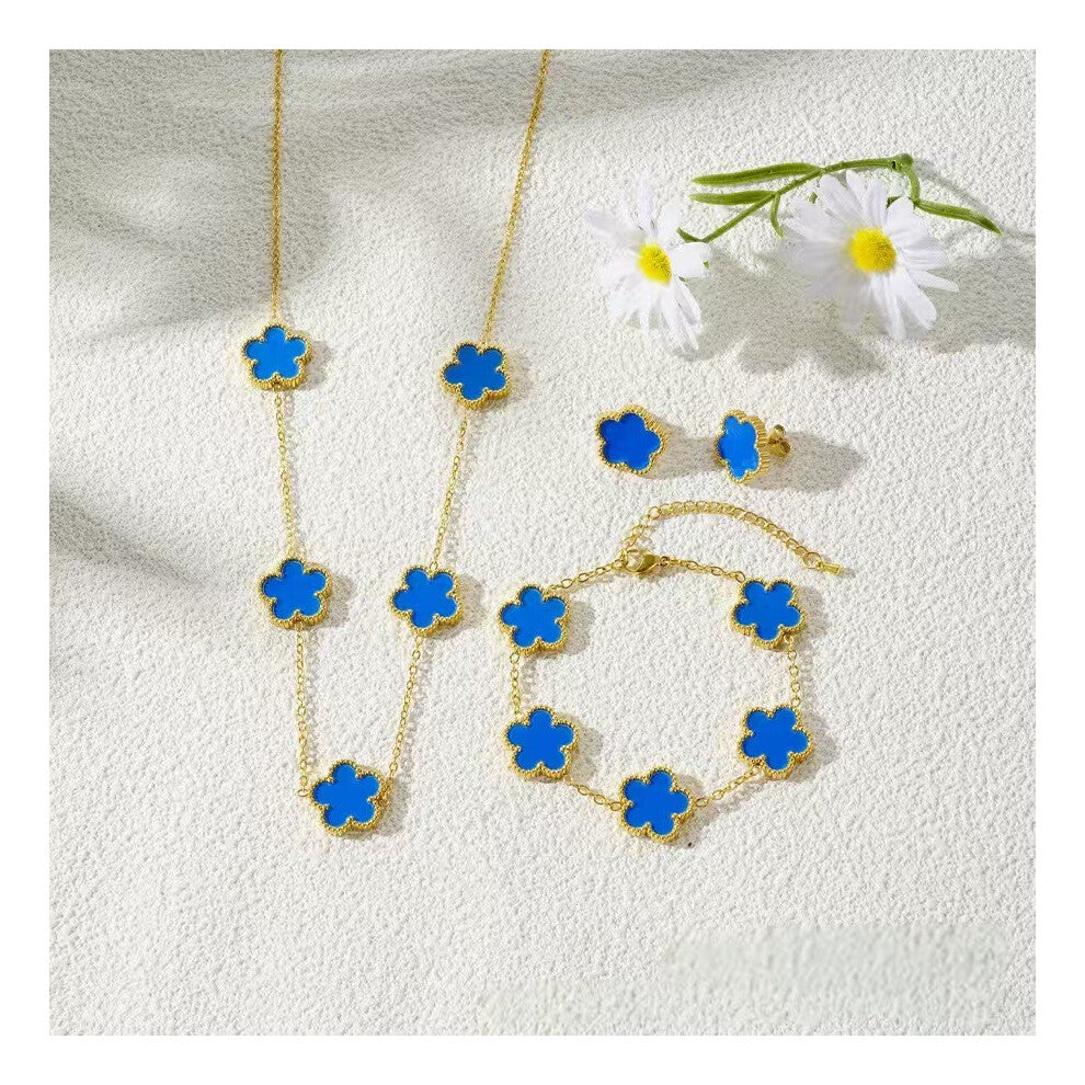 (blue) Five-leaf clover necklace, bracelet and stud 3-piece set, fashionable, lucky and versatile