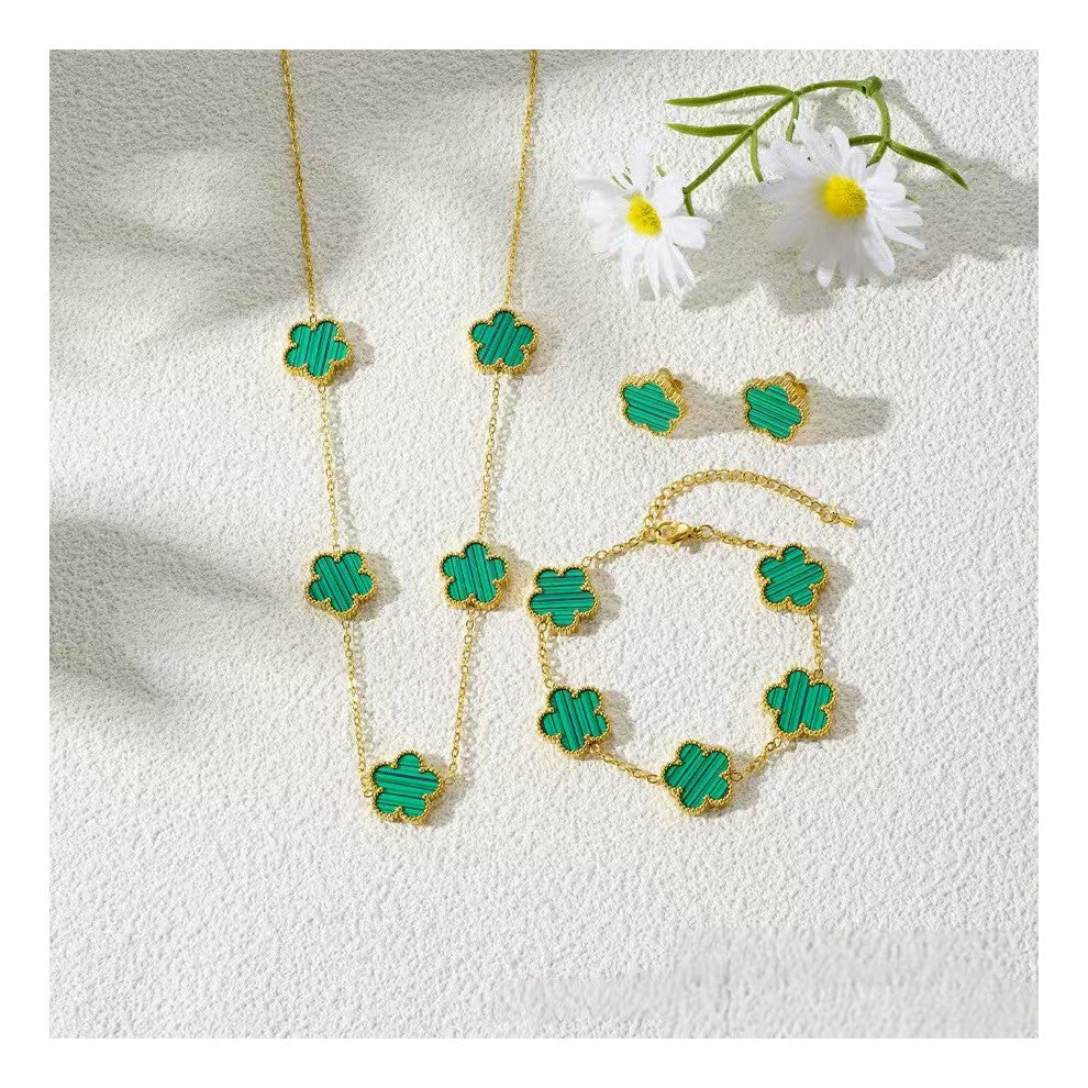 (green) Five-leaf clover necklace, bracelet and stud 3-piece set, fashionable, lucky and versatile
