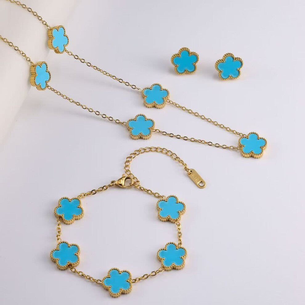 (Sky blue) Five-leaf clover necklace, bracelet and stud 3-piece set, fashionable, lucky and versatile
