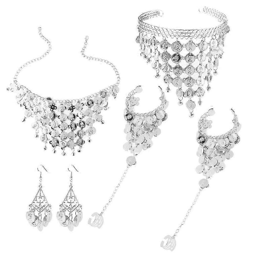 (As show, One size) Indian Belly Dance Tribal Headband Bracelet Tassel Necklace for Nightclub