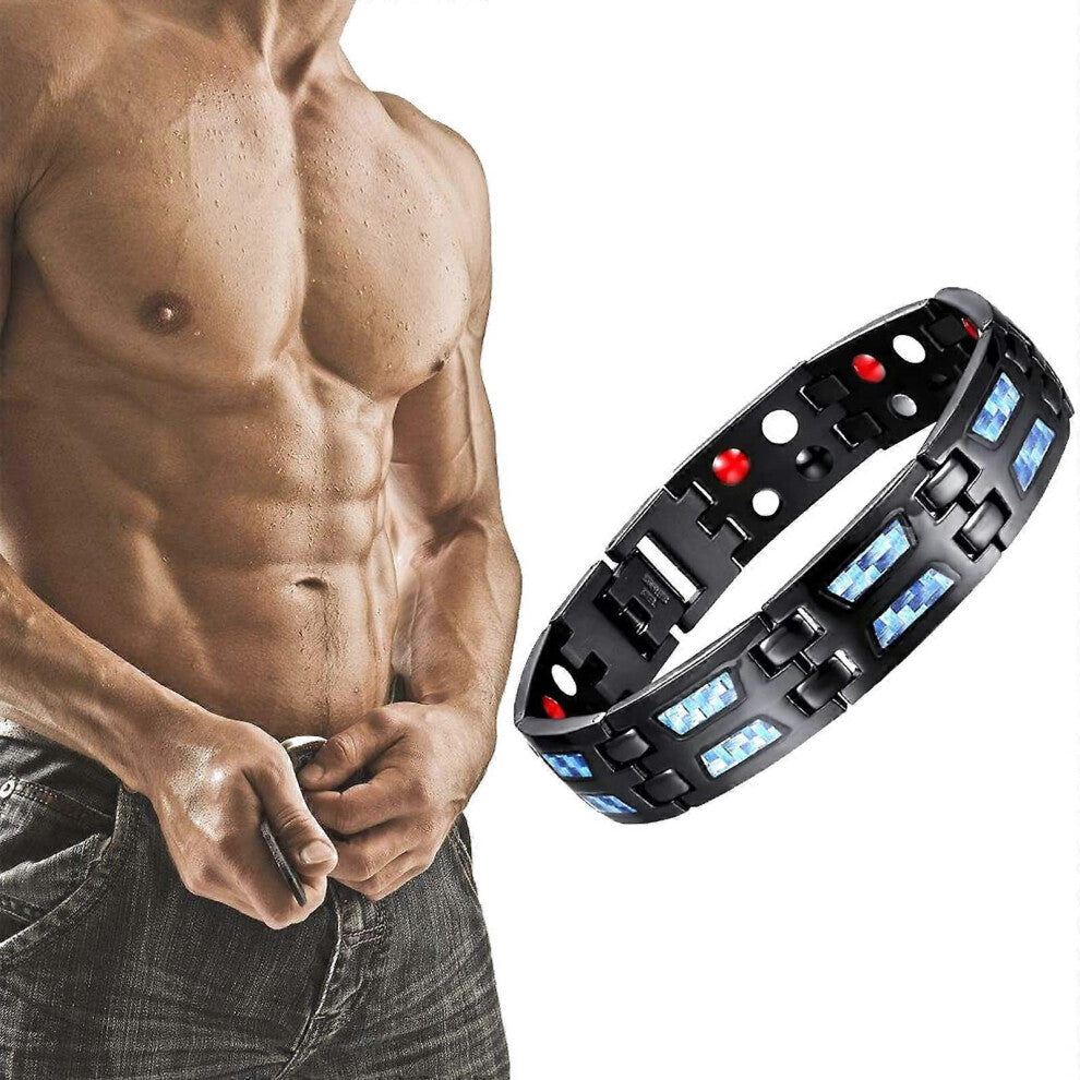 (As show, One size) Carbon Blue Titanium Magnetic Therapy Bracelet, Adjustable Blue Carbon Fiber Titanium Steel Magnetic Slim Fit Bracelet for Men