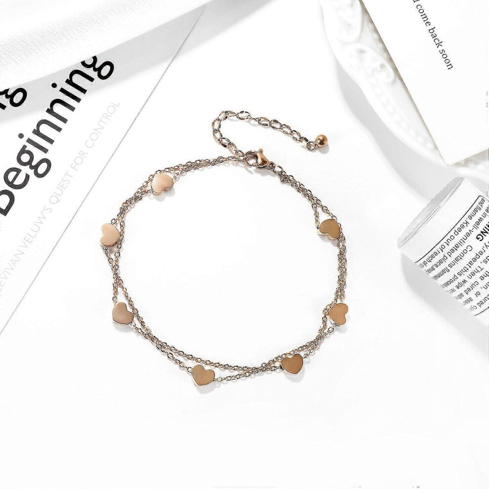 (Silvery, One size) Rose Gold Heart Shaped Ladies Bracelet - Tiered Bracelet with Heart Charm, Double Chain Bracelet for Women, Titanium Stainless Ste