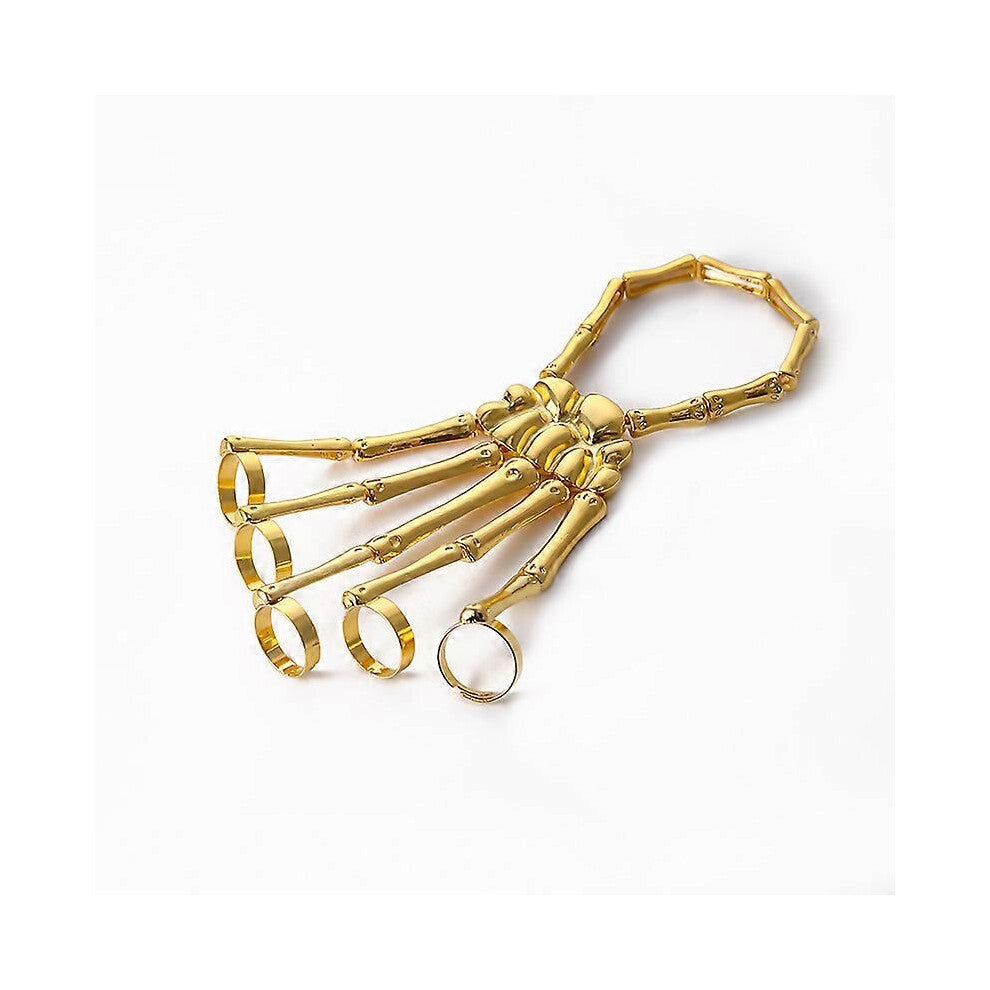 (As show, One size) Halloween Bracelet for Women Gothic Punk Hand Skull Skeleton Elasticity Bracelet2pcsgold + black