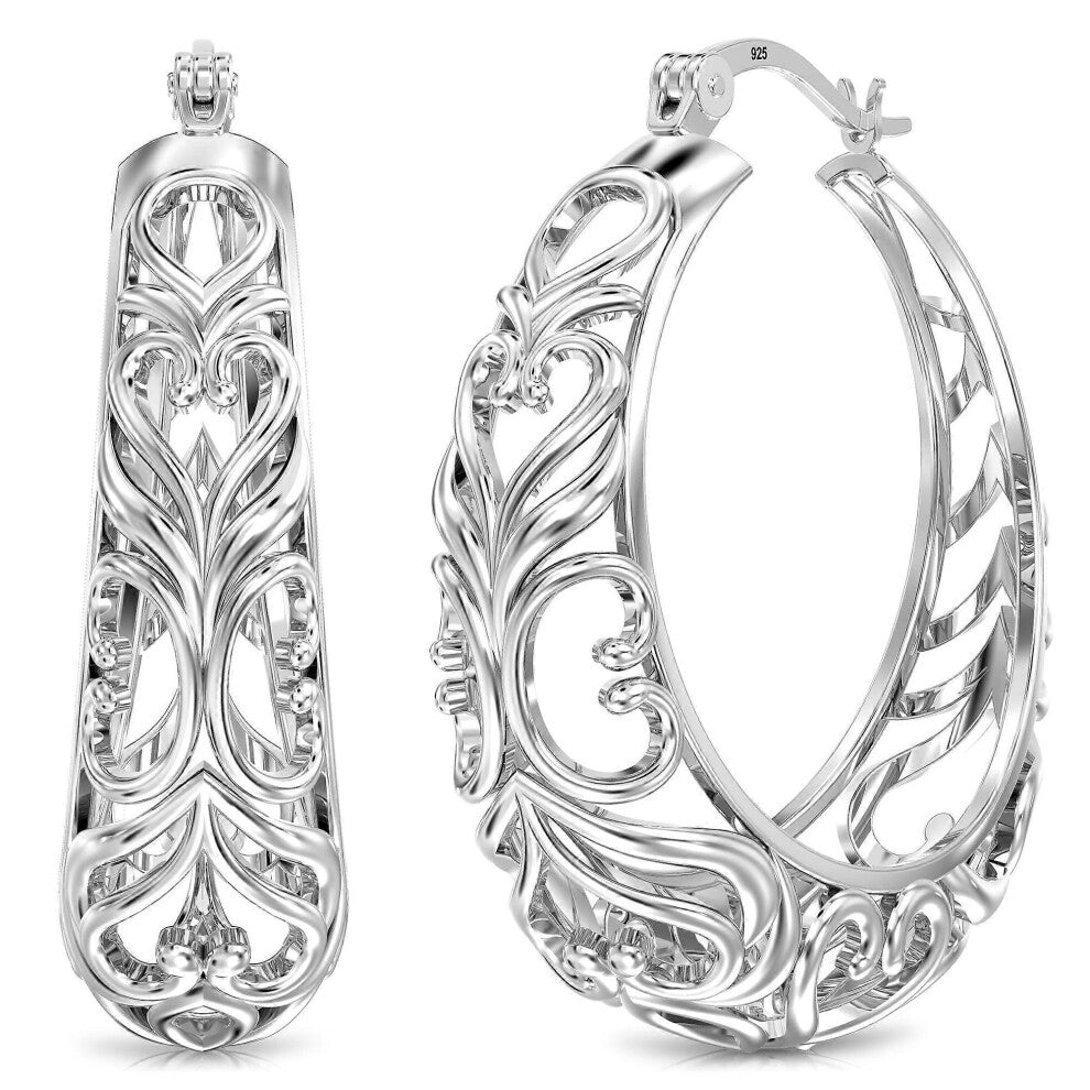 (As show, One size) 925 Sterling Silver Chunky Hoop Earrings  Filigree Mesh Heart Click Top Hoops for Women