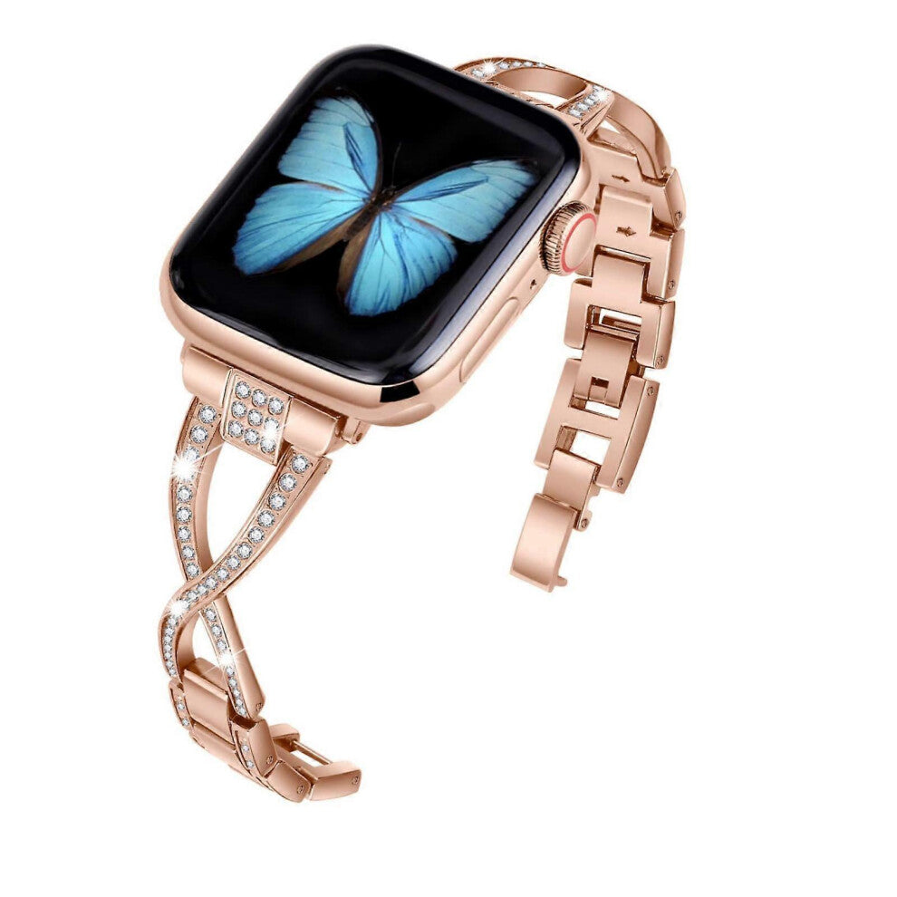 (38or40or41MM, black) For Apple Watch 38mm 40mm 41mm 42mm 44mm 45mm Series 9 8 7 6 5 4 3 SE Womens iwatch Strap Shiny Metal Bracelet -GSLHL