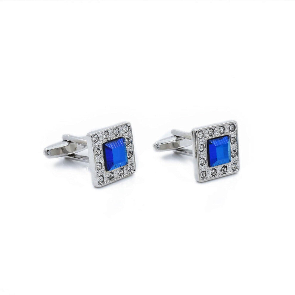 (As show, One size) Blue Crystal Square Cufflinks for Men Luxury Zircon Inlay Copper Gift Box