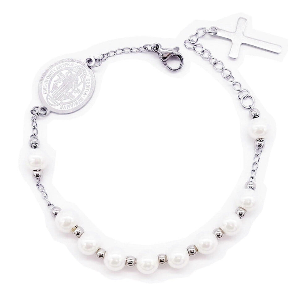 (As show, One size) Saint Benedict 6mm Cultured Pearl Rosary Cross Bead Charm Link Chain Bracelet for Women Ref: 8557
