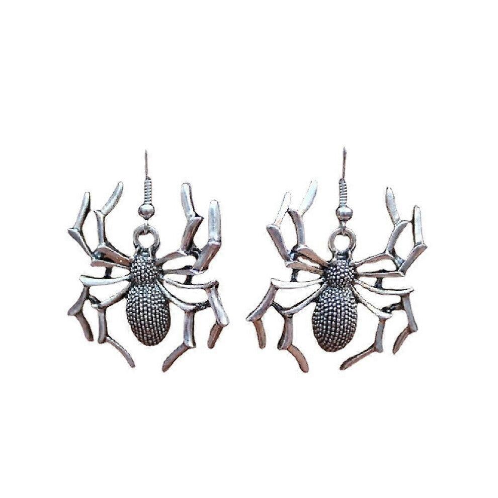 (As show, One size) Plated Retro 3D Punk Big Spider Charm Tassel Drop Dangle Earrings(1 pair, silver)