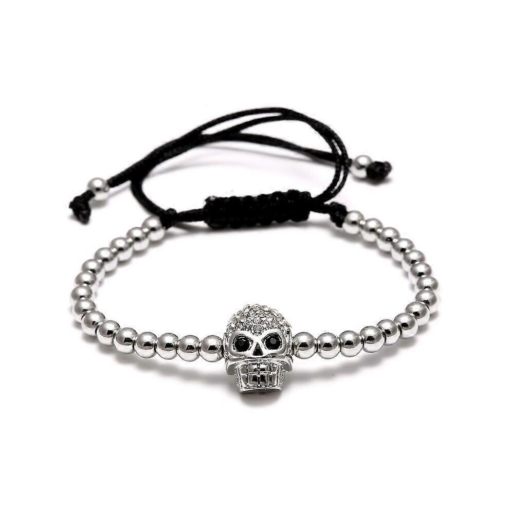 (As show, One size) Fashion Punk Skull Womens Charm Bracelet Beads Balls Braided Cotton Rope Alloy Cubic Zirconia Adjustable Wristband Bangle1pcs-Silv