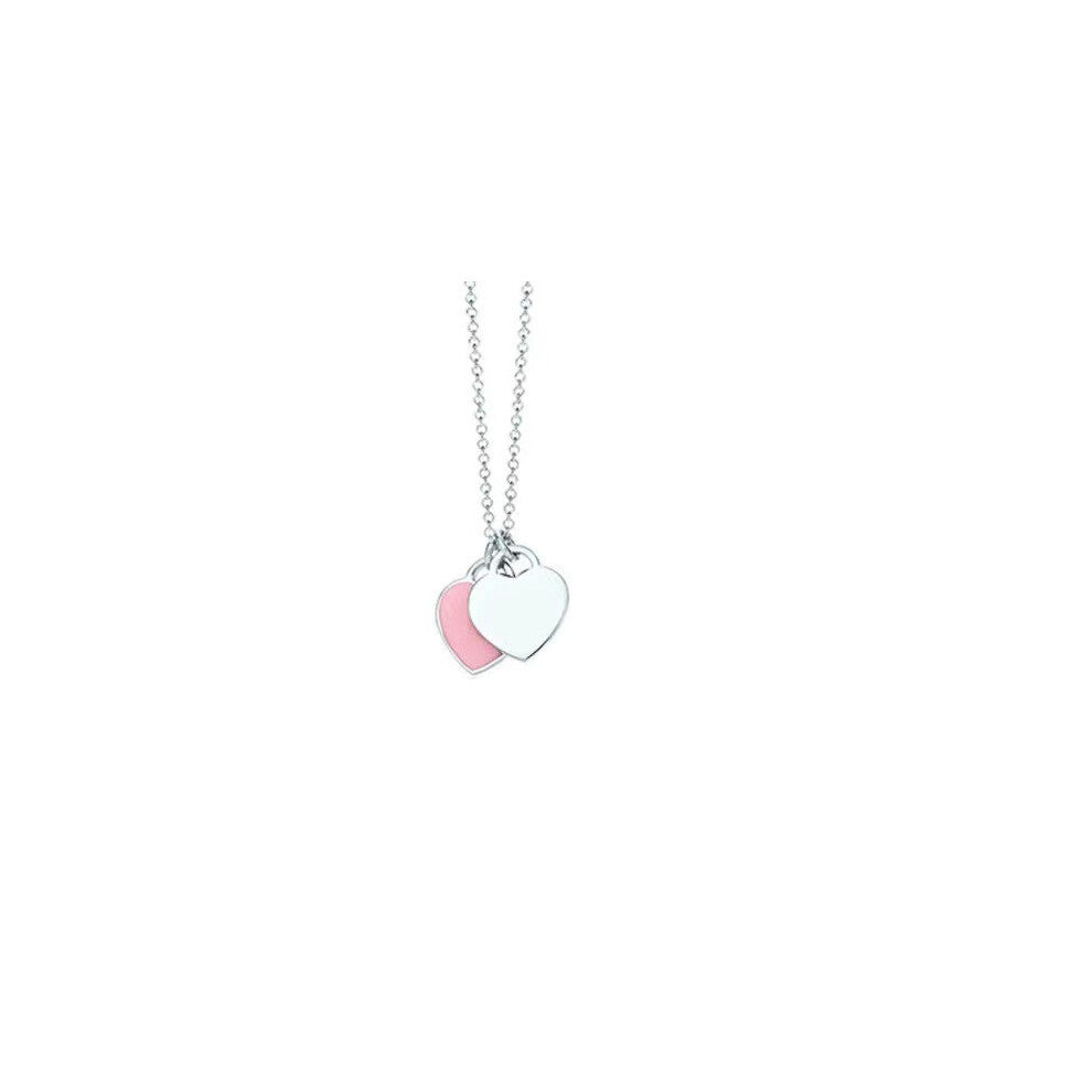 (Pink heart necklace) Heart-shaped bracelet for women in red, blue and pink, simple and versatile, with oil drop enamel double heart-shaped necklace