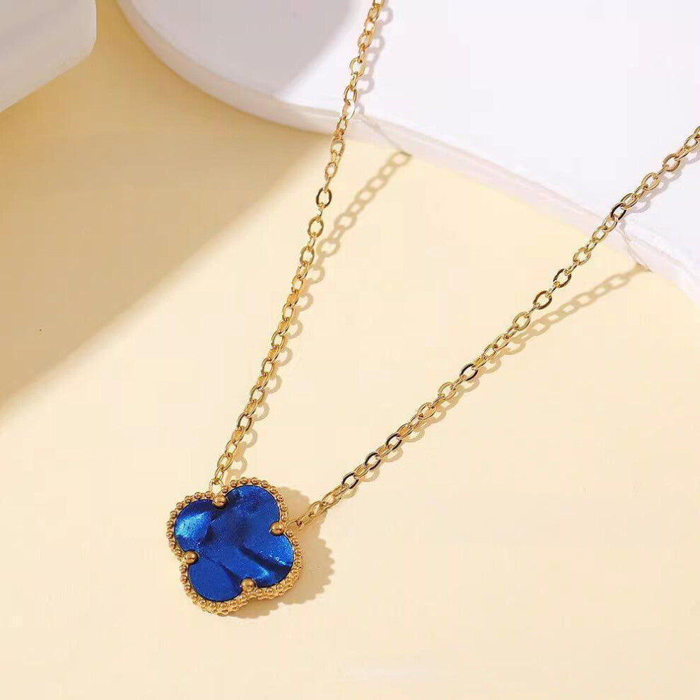 (15mm necklace [Peter Stone Blue], M) Fashion OL titanium steel four-leaf clover double-sided shell necklace, non-fading women's spring and summer 15m