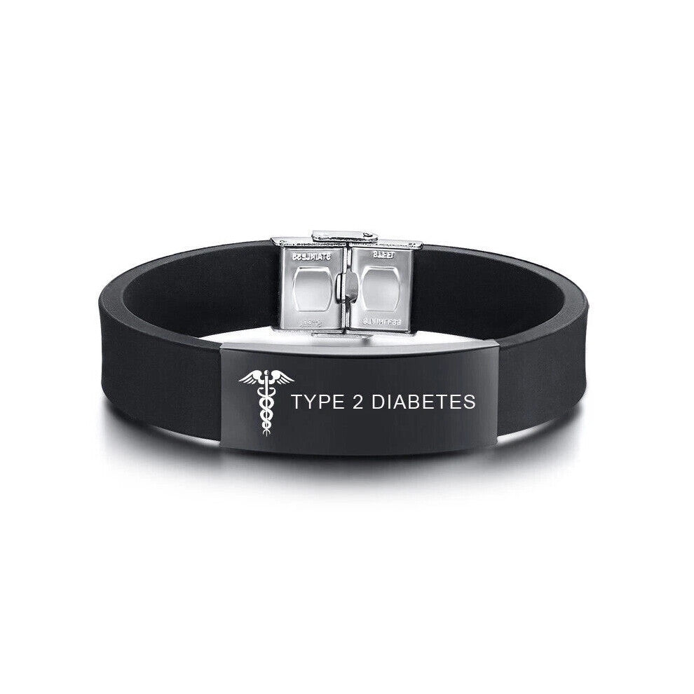 (TYPE 2 DIABETES) New Black Medical Alert ID Men's Bracelet Silicone Wristband Personalized Engraving