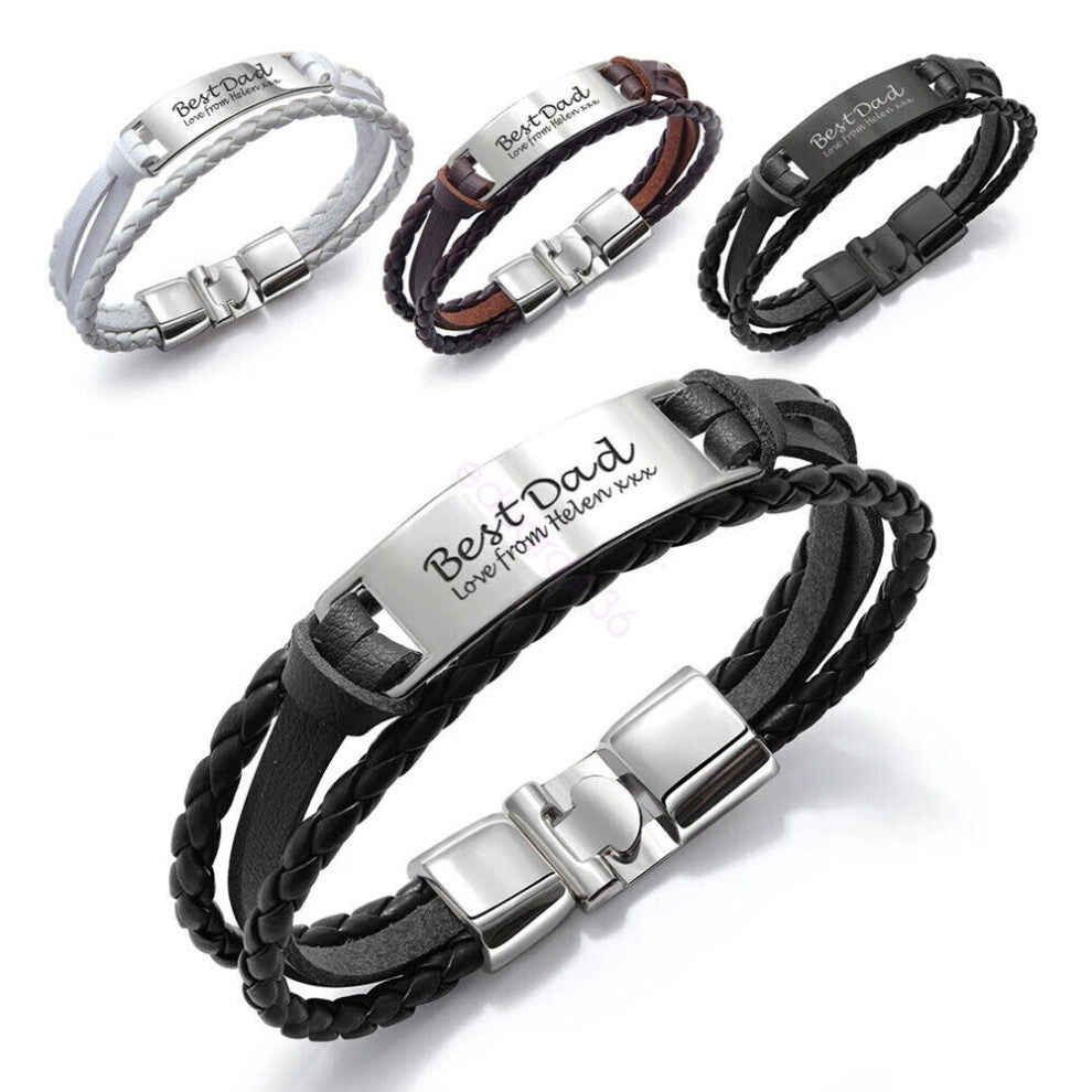(5-Best Dad, Brown and Silver) New Personalised Mens Bracelet Engraved ID for Him Birthday Fathers Day Gift