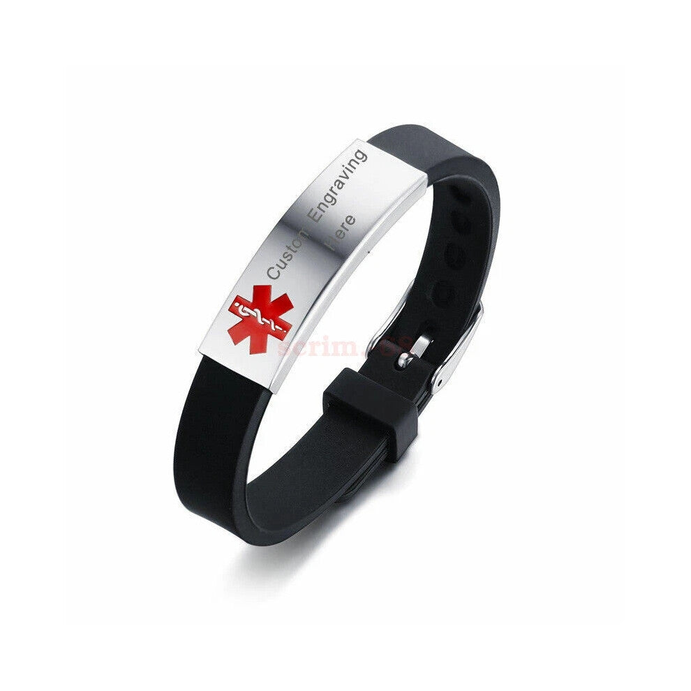 (Black, Other Engraving(msg us or left us note)) Men Women Personalized Medical Alert ID Bracelet Silicone SOS Bangles Adjustable