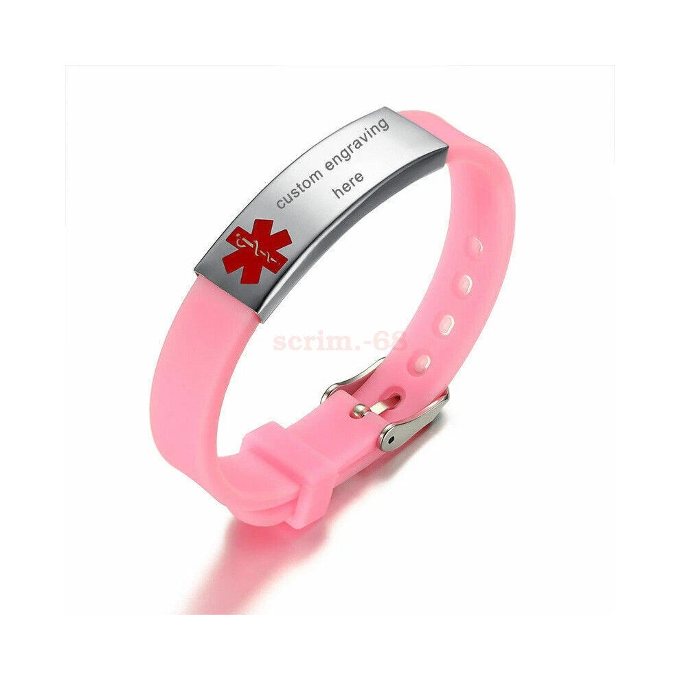 (Pink, No Engraving) Men Women Personalized Medical Alert ID Bracelet Silicone SOS Bangles Adjustable