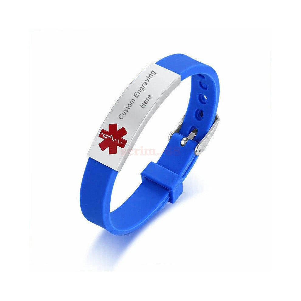 (Blue, PACEMAKER) Men Women Personalized Medical Alert ID Bracelet Silicone SOS Bangles Adjustable New