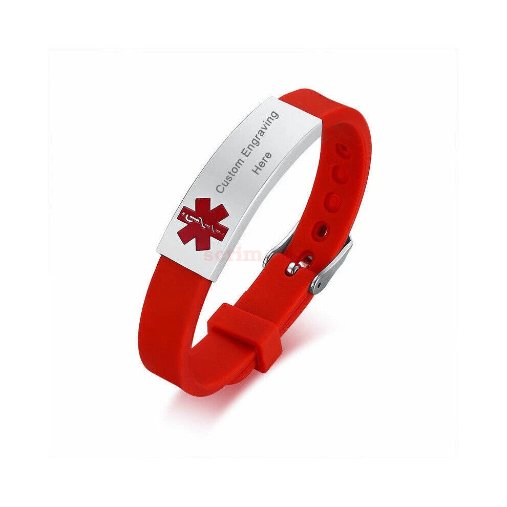 (Red, TYPE 1 DIABETES) Men Women Personalized Medical Alert ID Bracelet Silicone SOS Bangles Adjustable Hot